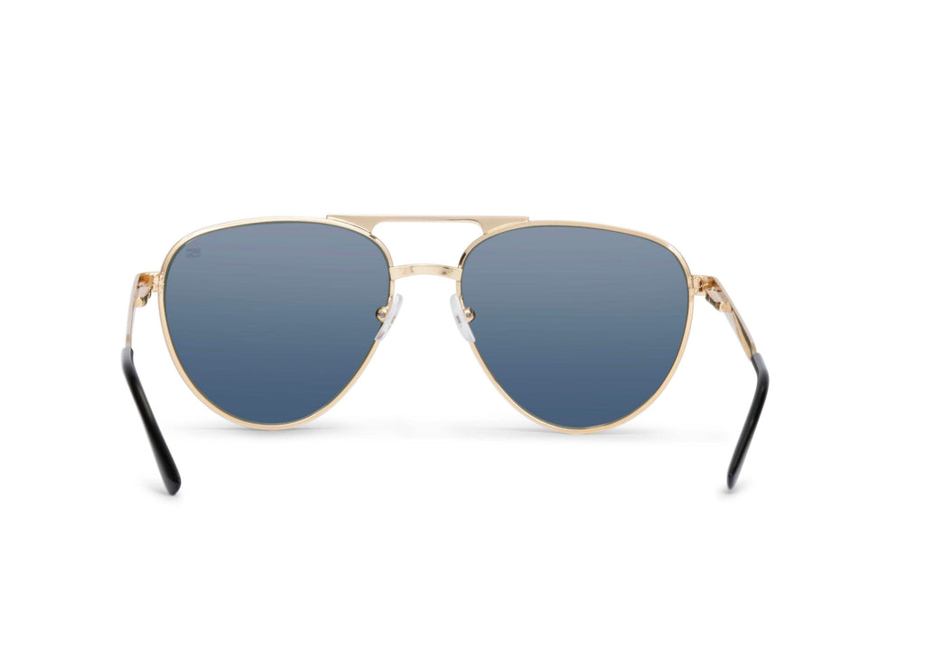 Aviator sunglasses in gold with green lens, on-face view