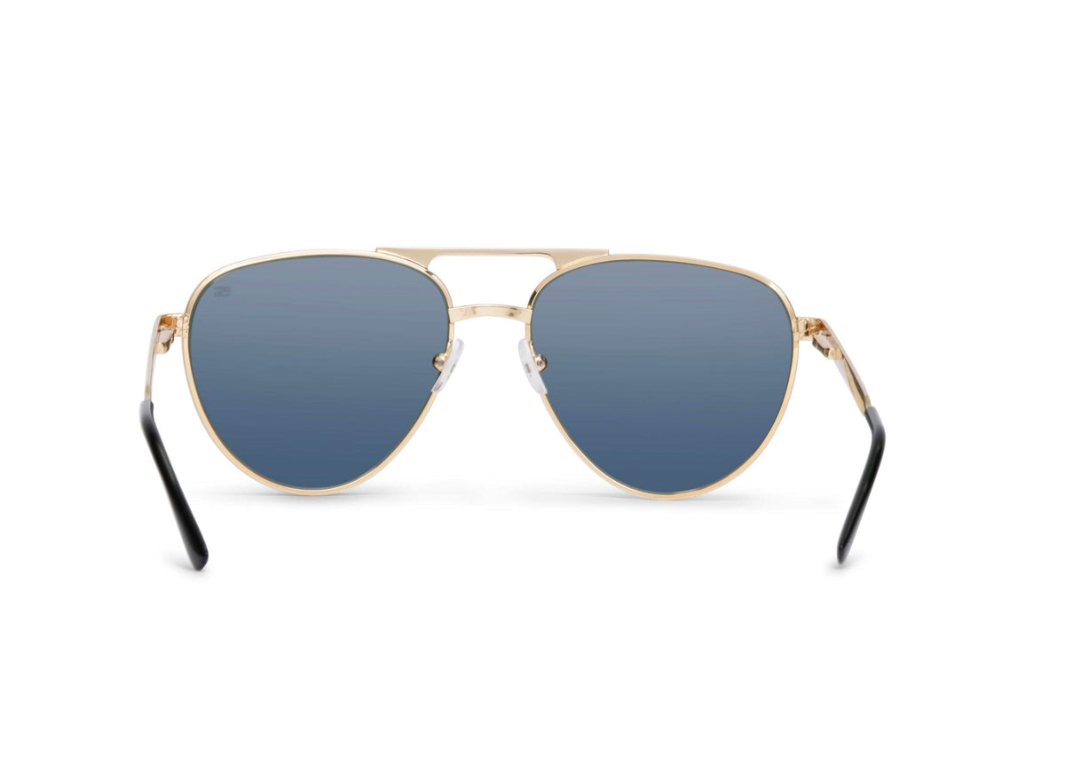 Aviator sunglasses in gold with green lens, on-face view