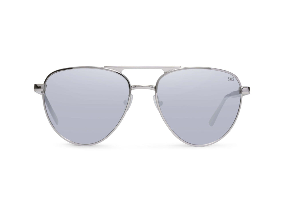 Aviator sunglasses in chrome silver with gray lens, side view