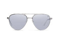 Aviator sunglasses in chrome silver with gray lens, side view