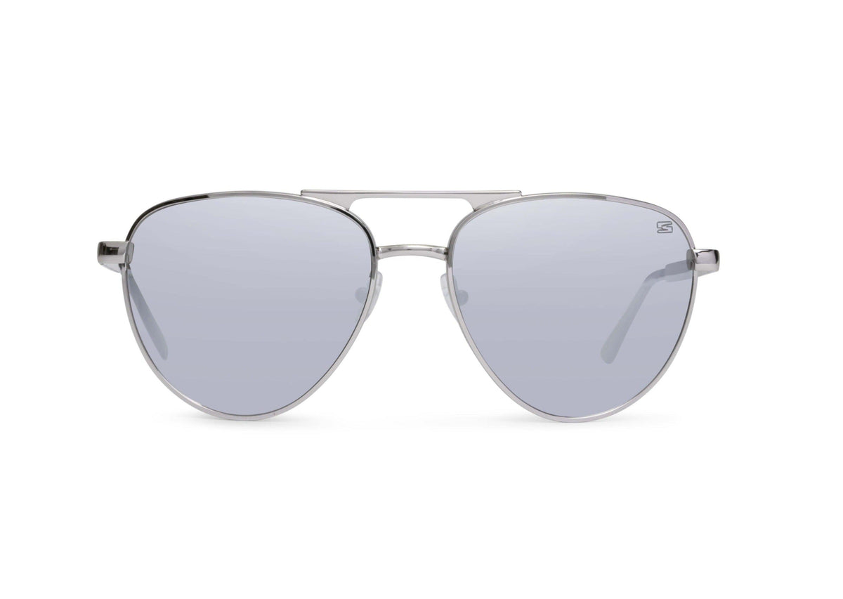 Aviator sunglasses in chrome silver with gray lens, side view