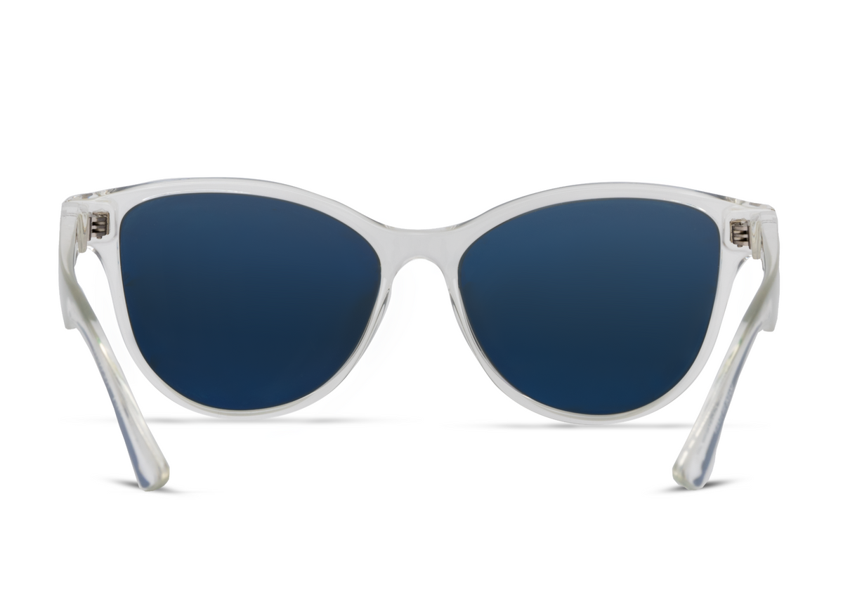 Mia sunglasses in crystal clear finish, on-face view