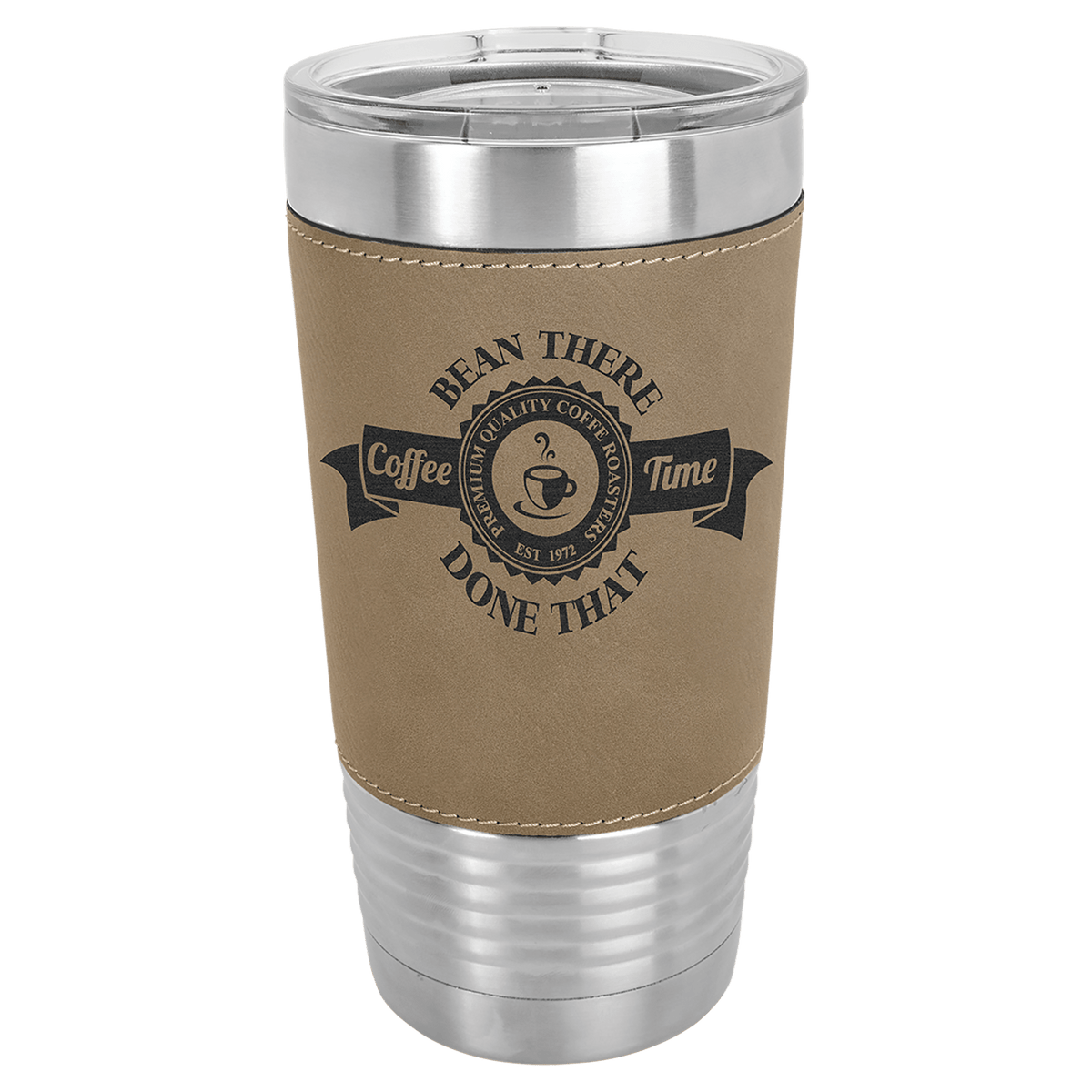 Leatherette-wrapped tumbler with clear lid