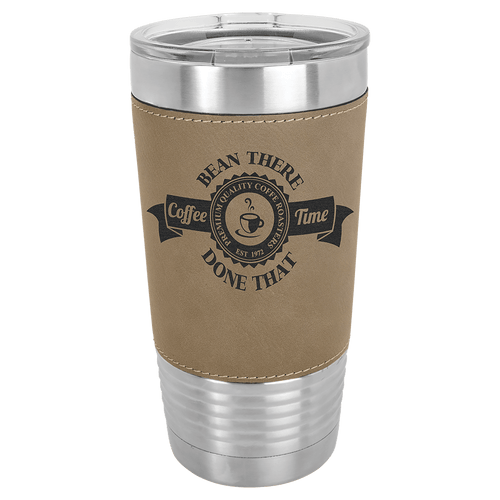 Leatherette-wrapped tumbler with clear lid