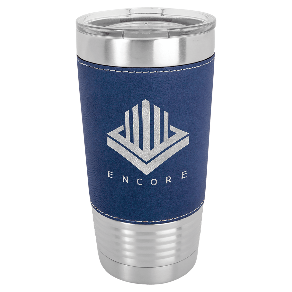 Leatherette-wrapped tumbler with clear lid in Rustic/Silver