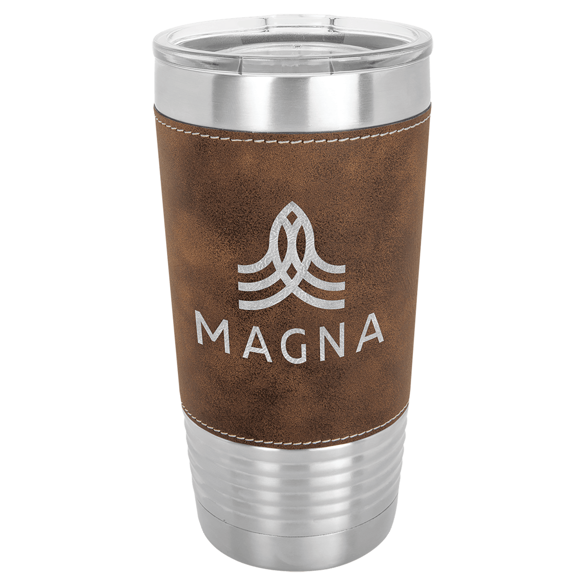 Leatherette-wrapped tumbler with clear lid in Blue/Silver
