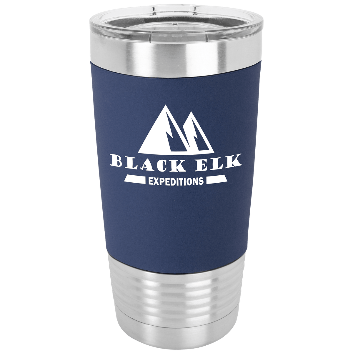 Tumbler with silicone grip band and clear lid in Navy