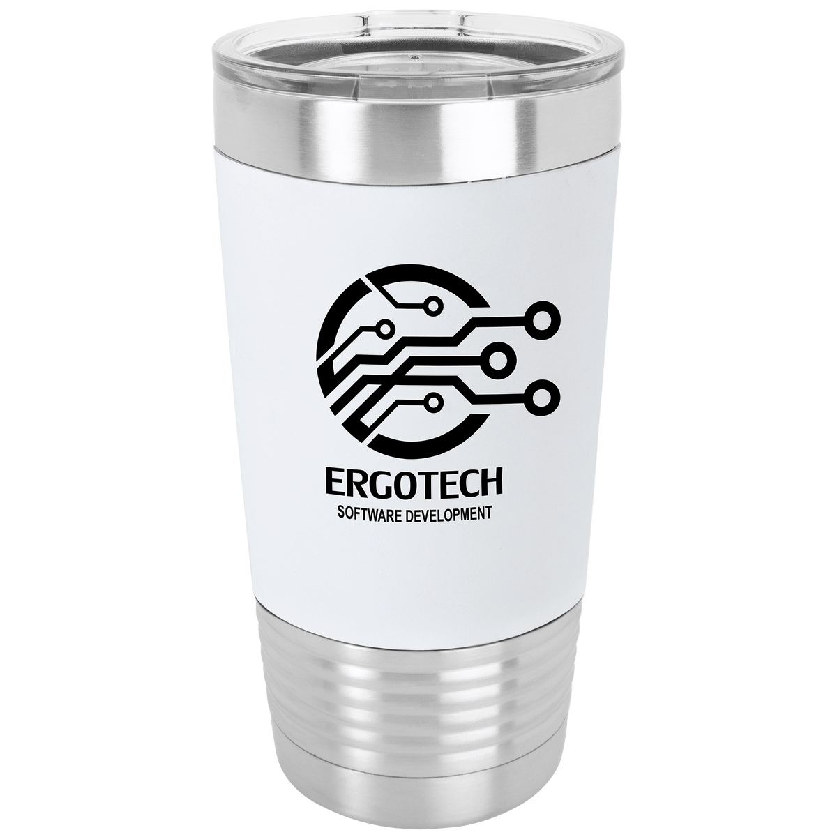 Tumbler with silicone grip band and clear lid in Blue