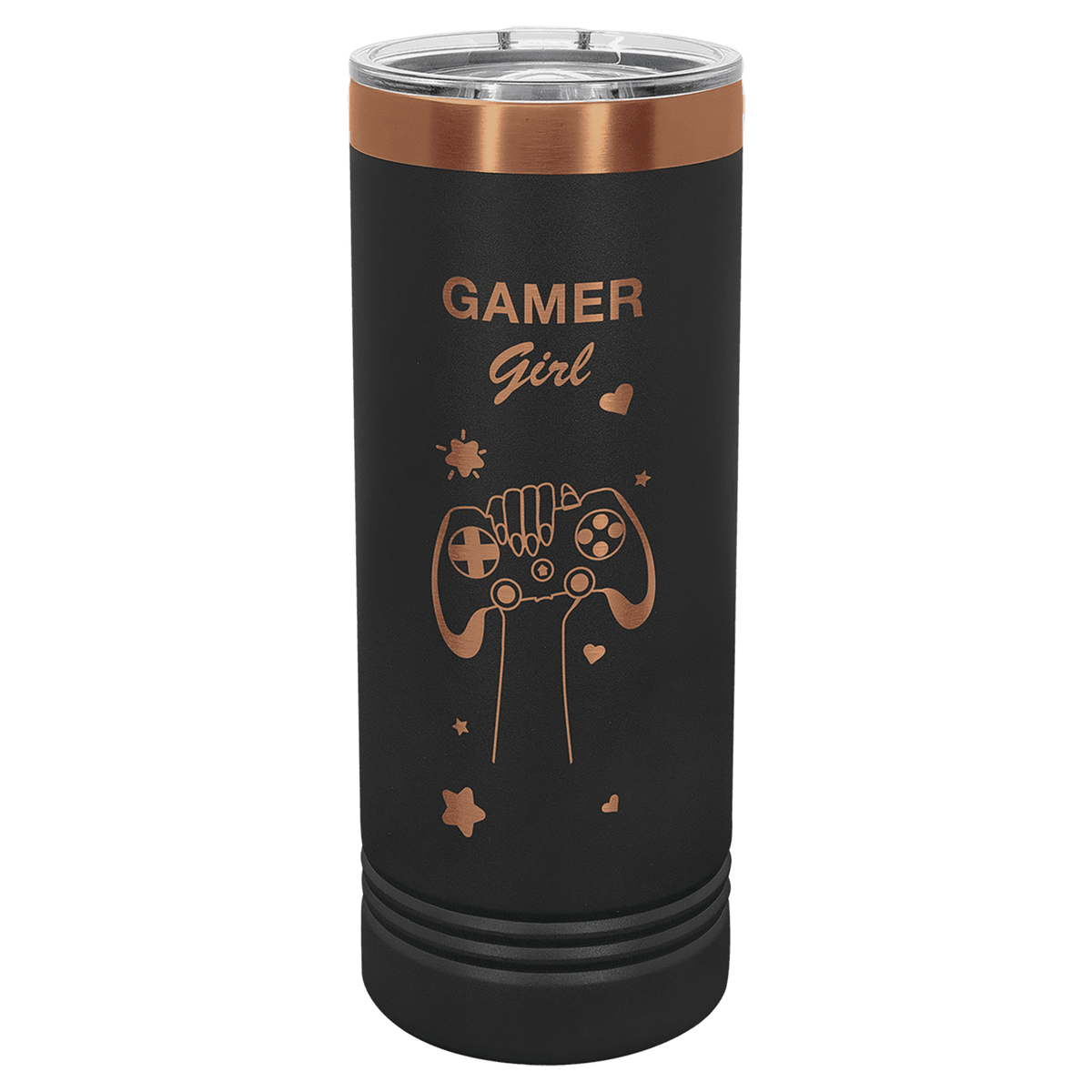 Ion-plated tumbler in black and rose gold finish, 20 oz. Ringneck Tumbler with Slider Lid