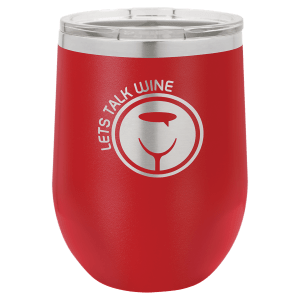 Custom engraved 12 oz. stemless wine glass, angle view