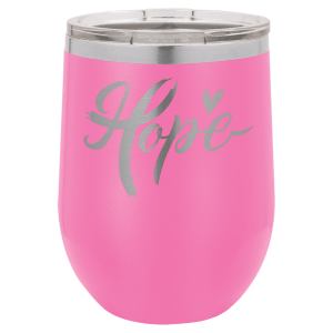 Custom engraved 12 oz. stemless wine glass, in use