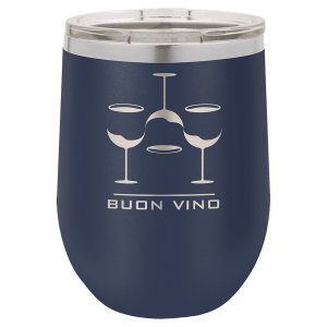 Custom engraved 12 oz. stemless wine glass, size reference 2