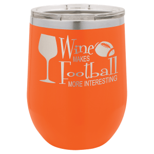 Custom engraved 12 oz. stemless wine glass, in use 2