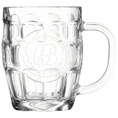 Beer mug with oval engraving panel and handle