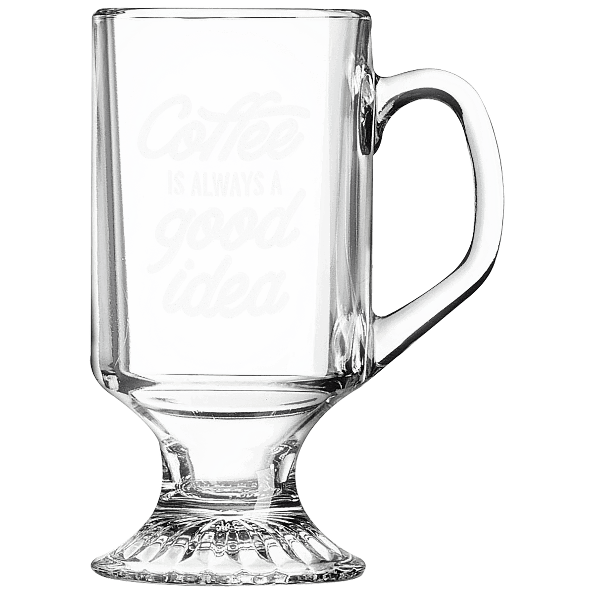 Clear footed coffee mug with laser engraving area