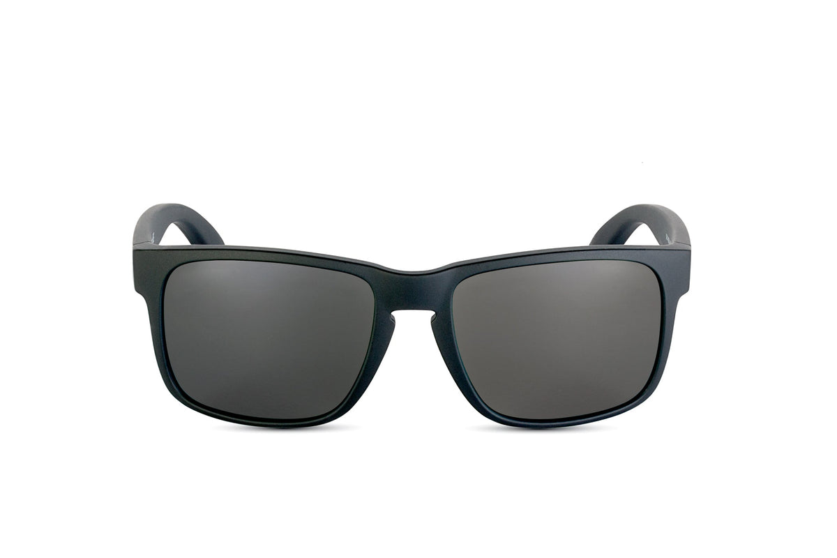 Decoy sunglasses in matte black with blue gun lens, additional angle
