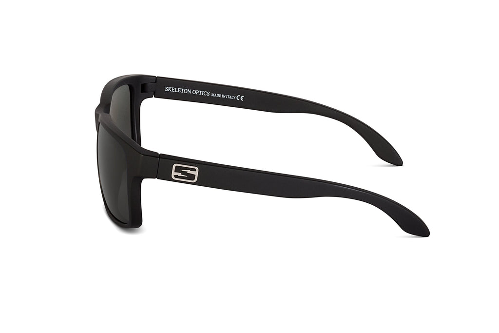 Decoy sunglasses in matte black with blue gun lens, close-up