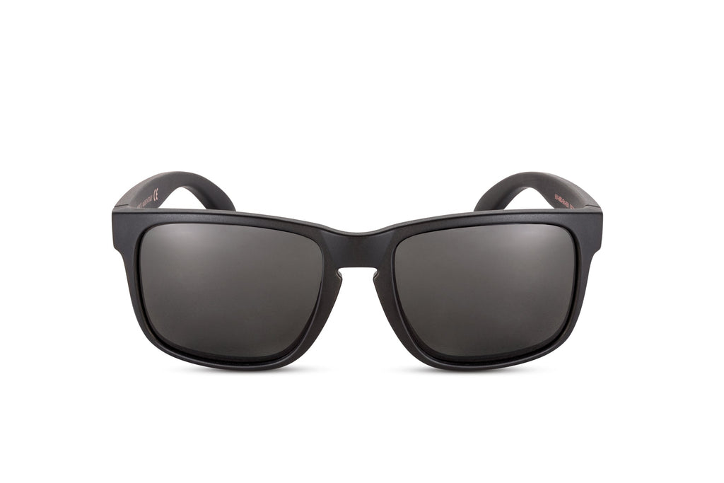 Decoy sunglasses, all-black blackout edition, on-face view