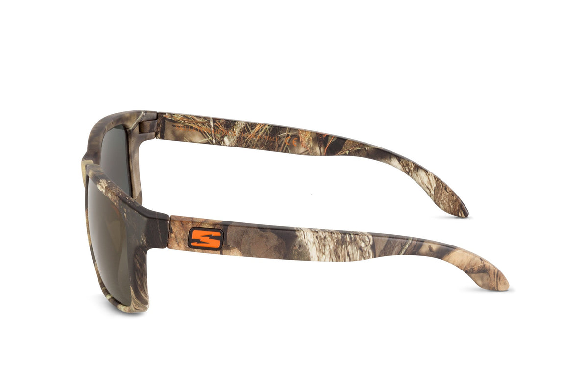 Decoy sunglasses in Mossy Oak Break-Up Country camo, lens detail