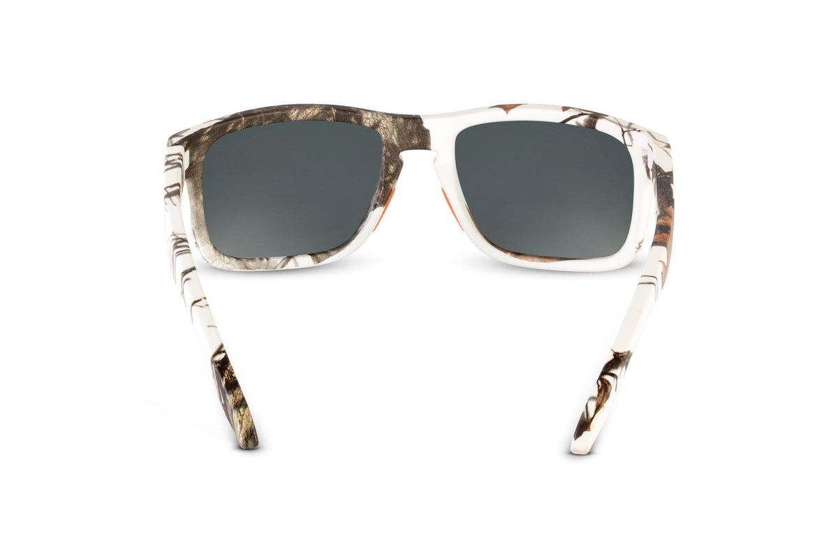 Decoy sunglasses in Mossy Oak Winter camo, on-face view