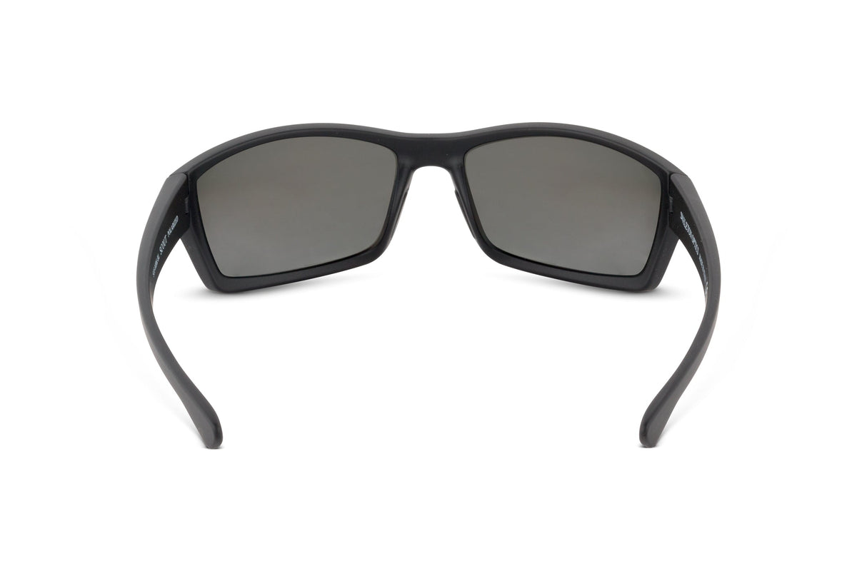 Scout sunglasses in black with Light Pro blue gun lens, on-face view