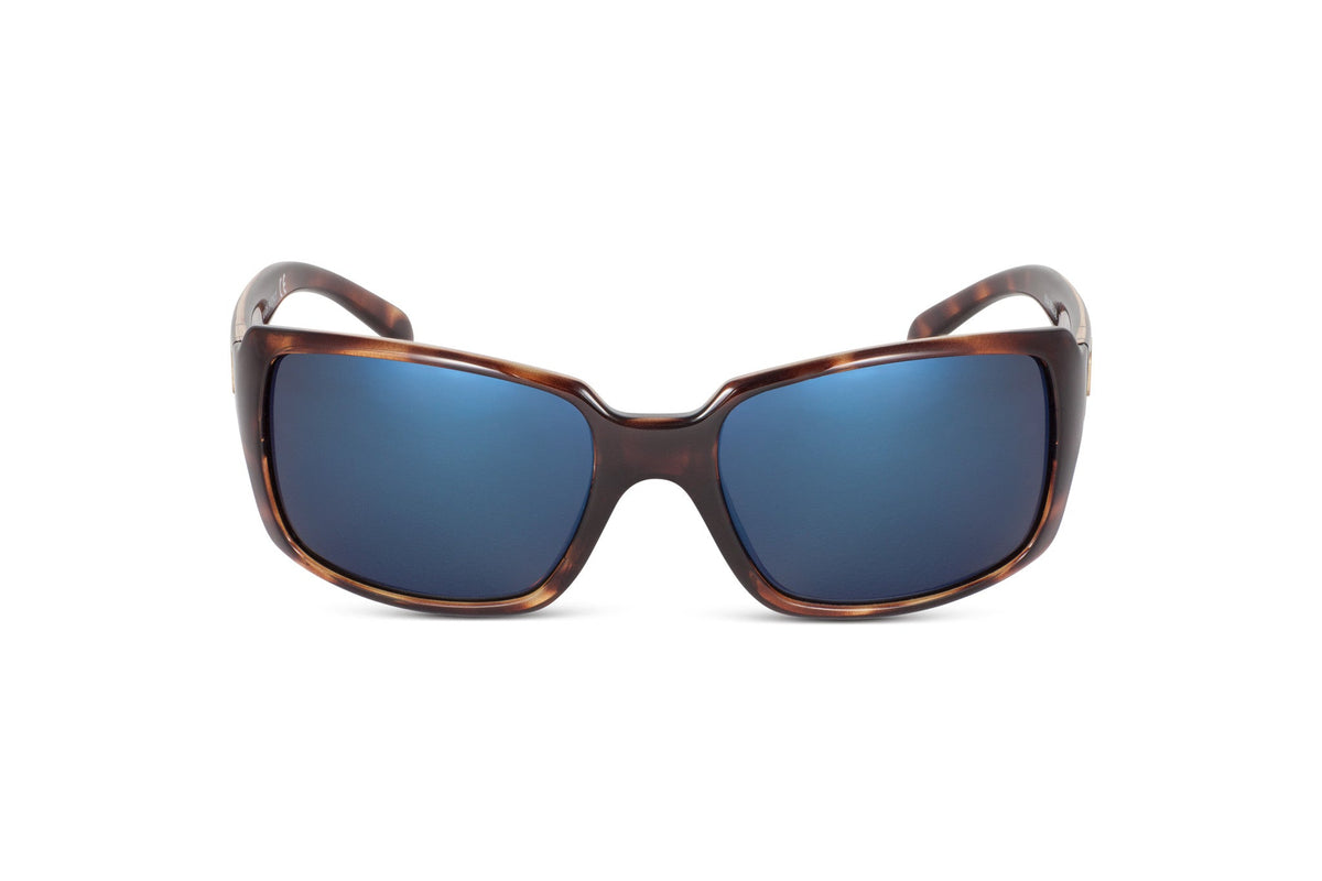 Stampede sunglasses in tortoiseshell with blue gun lens, side view