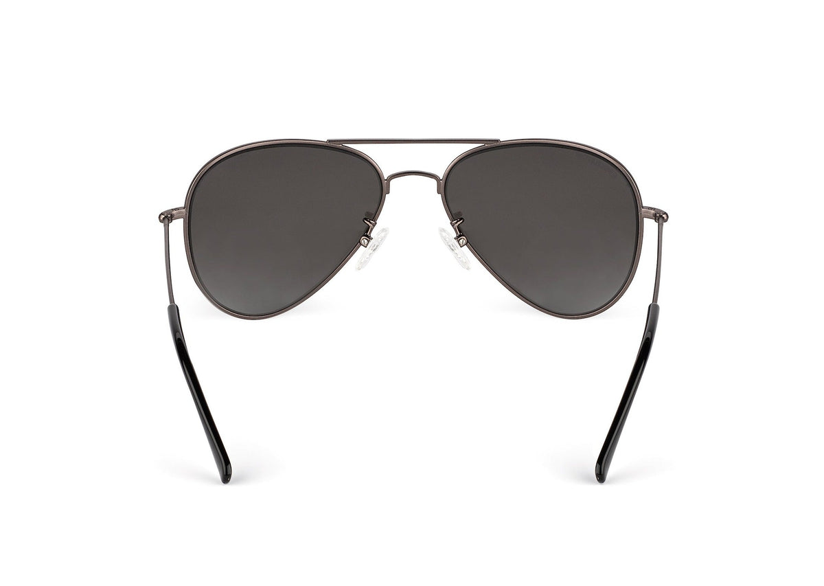 Tomahawk sunglasses in gunmetal finish, case and packaging