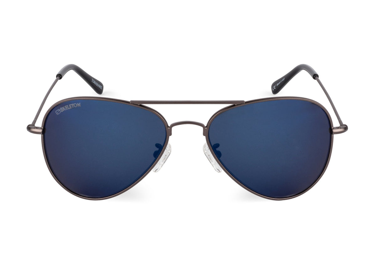 Tomahawk sunglasses in gunmetal finish, in-hand view