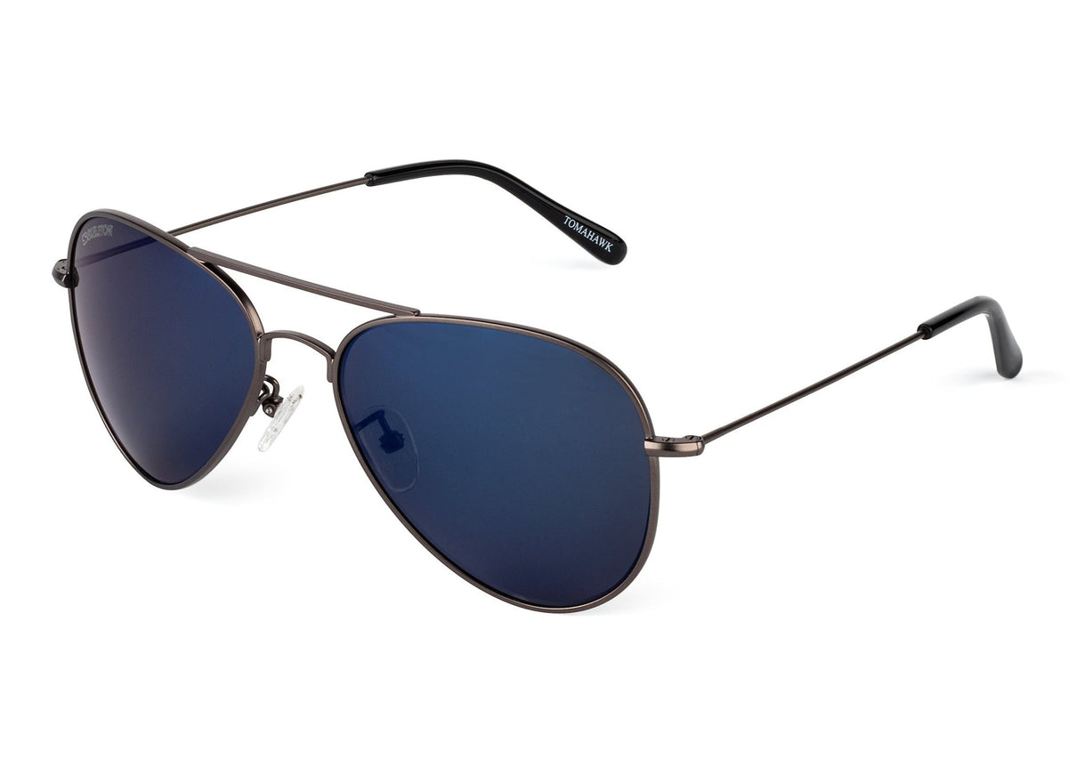 Tomahawk sunglasses in gunmetal finish, temple detail