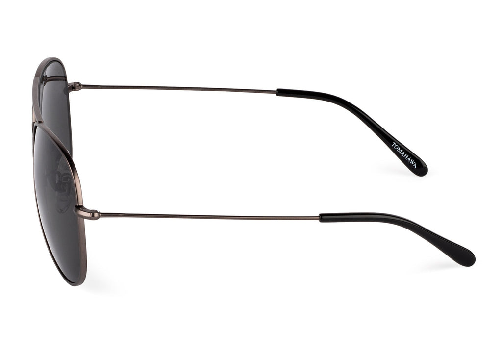 Tomahawk sunglasses in gunmetal finish, close-up