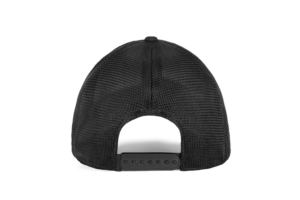 Skeleton Optics logo blackout snapback cap, back view