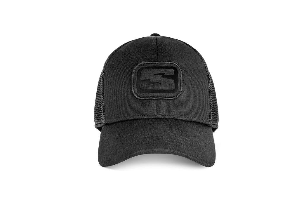 Skeleton Optics logo blackout snapback cap, side view