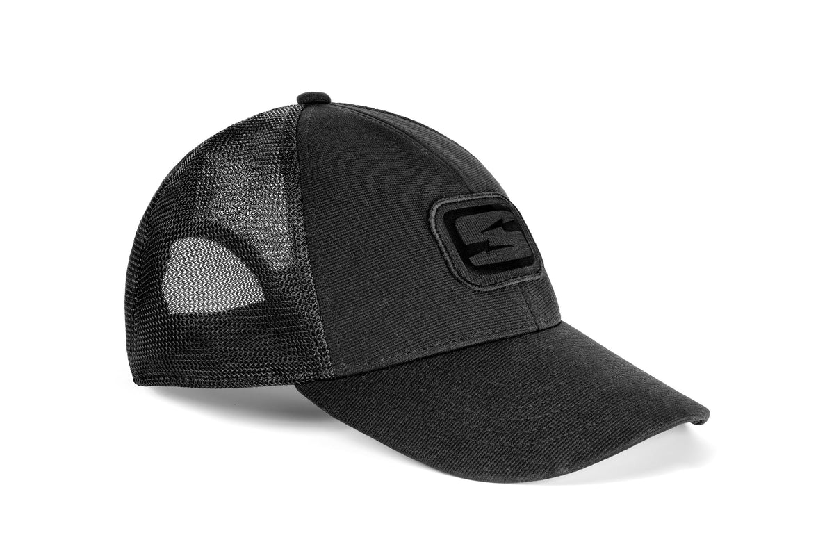 Skeleton Optics logo blackout snapback cap, front view