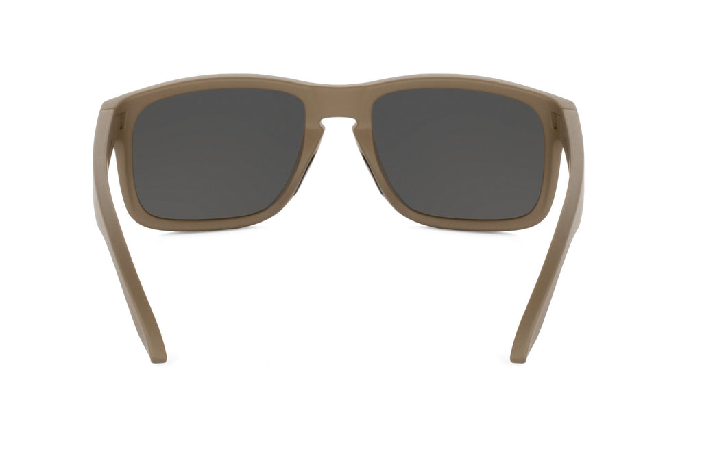 Decoy sunglasses in coyote tan finish, on-face view