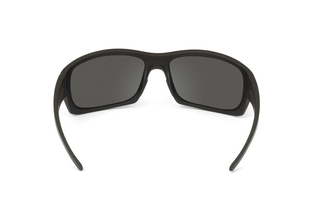 Outlaw sunglasses, all-black blackout edition, on-face view