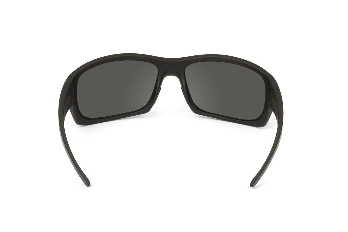 Outlaw sunglasses, all-black blackout edition, on-face view