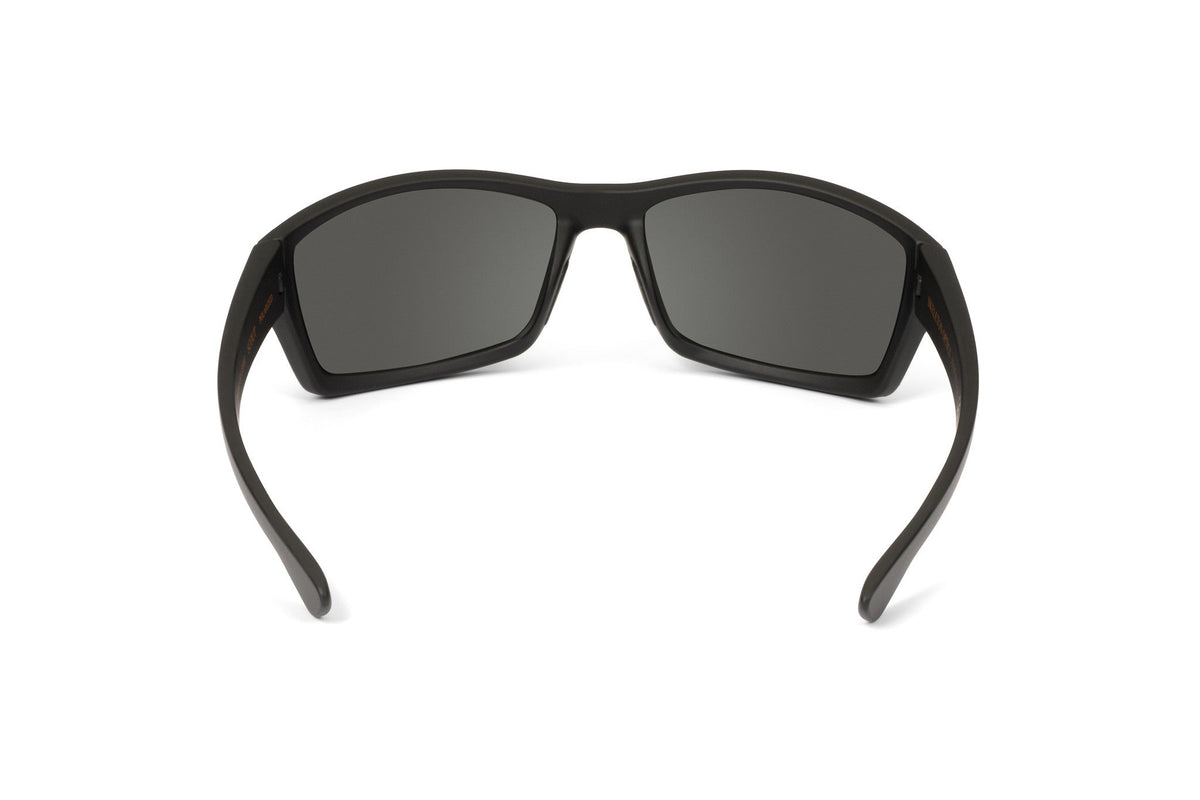 Scout sunglasses, all-black blackout edition, on-face view