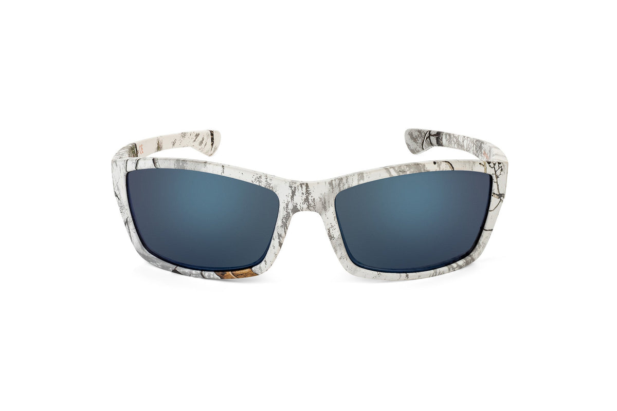 Scout sunglasses in Realtree Xtra Snow camo, lens detail