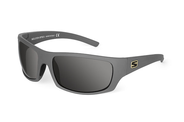 Renegade sunglasses in wolf gray finish, on-face view
