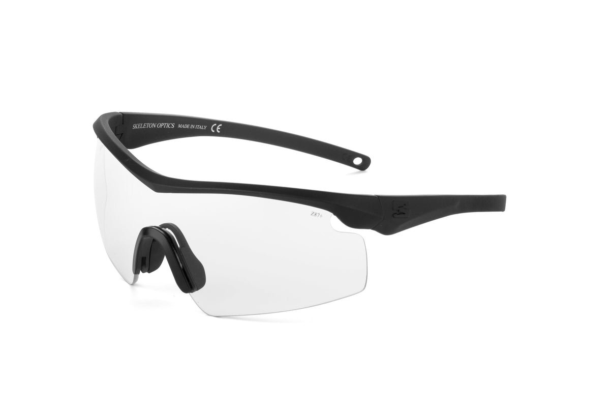 Skeleton Optics SO7 MILSPEC ballistic sunglasses, clear frame, front view