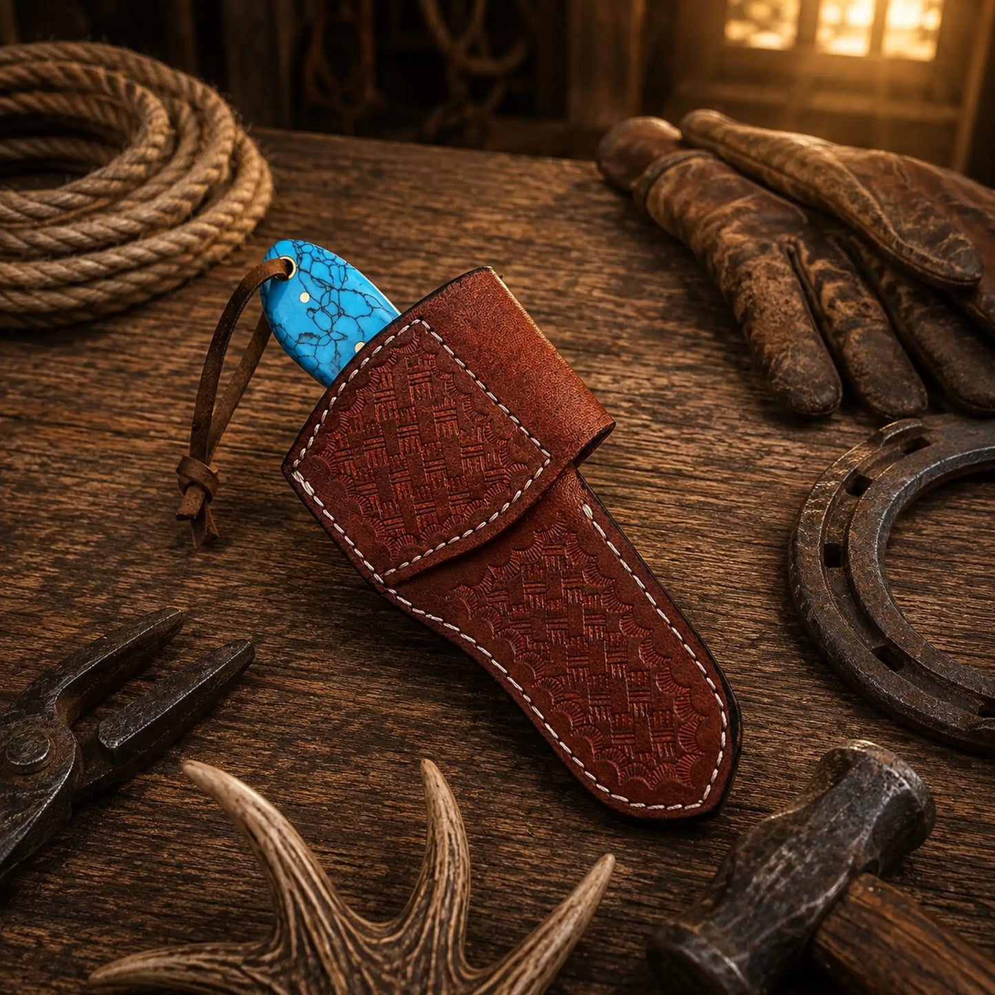 Handmade Turquoise Cowboy Bull Cutter Knife – 1095 Damascus Steel with Side Pancake Leather Sheath