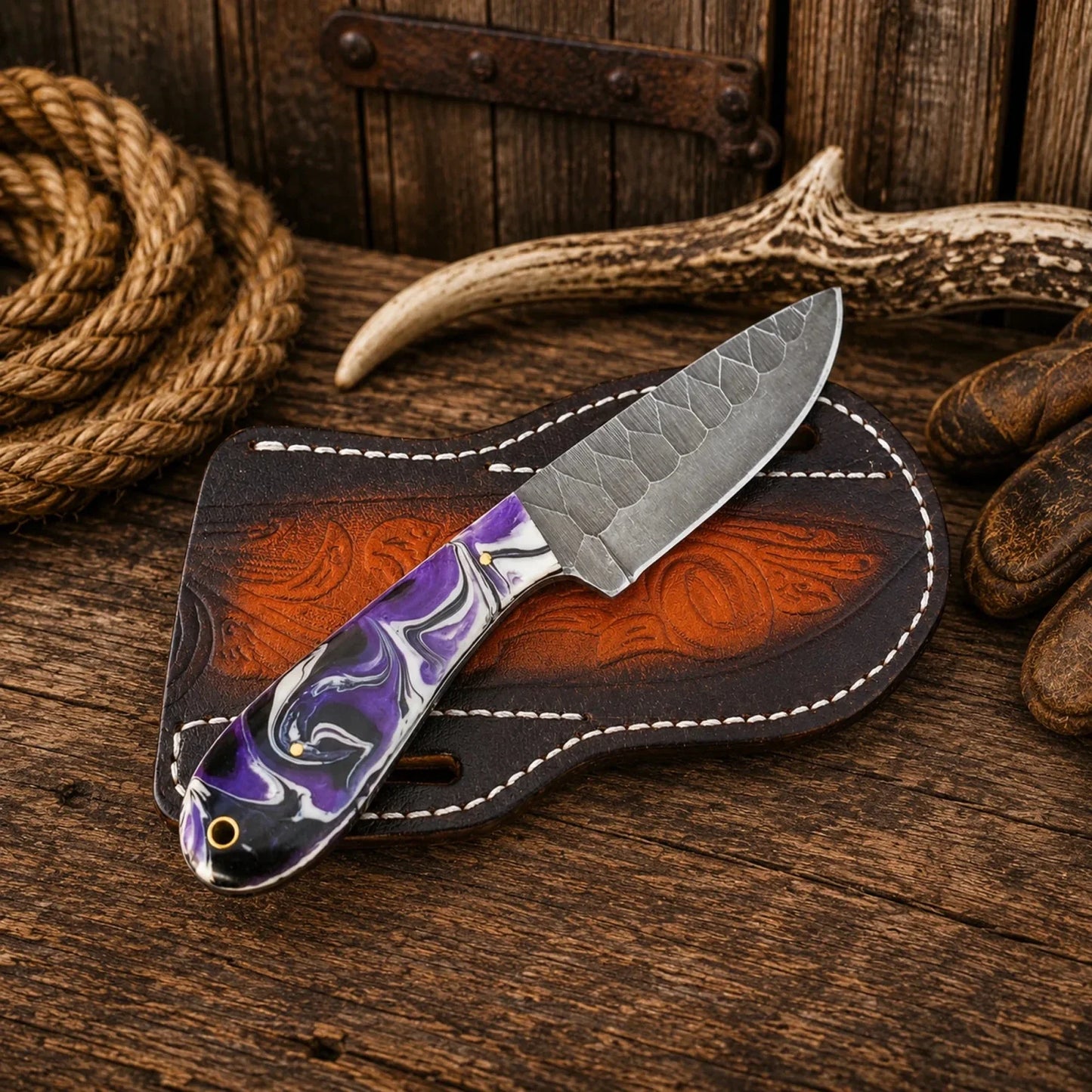 Amethyst Buckaroo Skinner Knife – Acid Wash D2 Steel & Purple Resin Handle