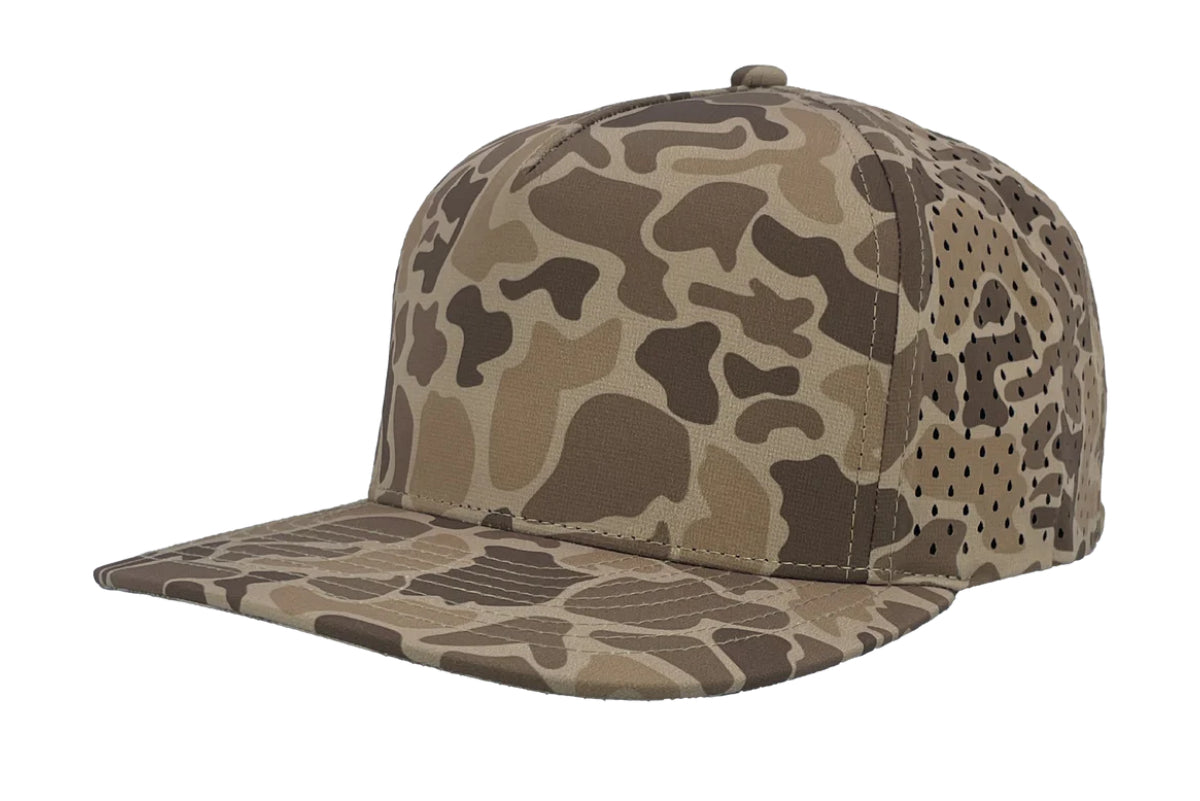Custom Zapped Headwear Blackhawk XL 5-Panel Snapback Hat in Brown Old School Camo, ready for personalized logo or design