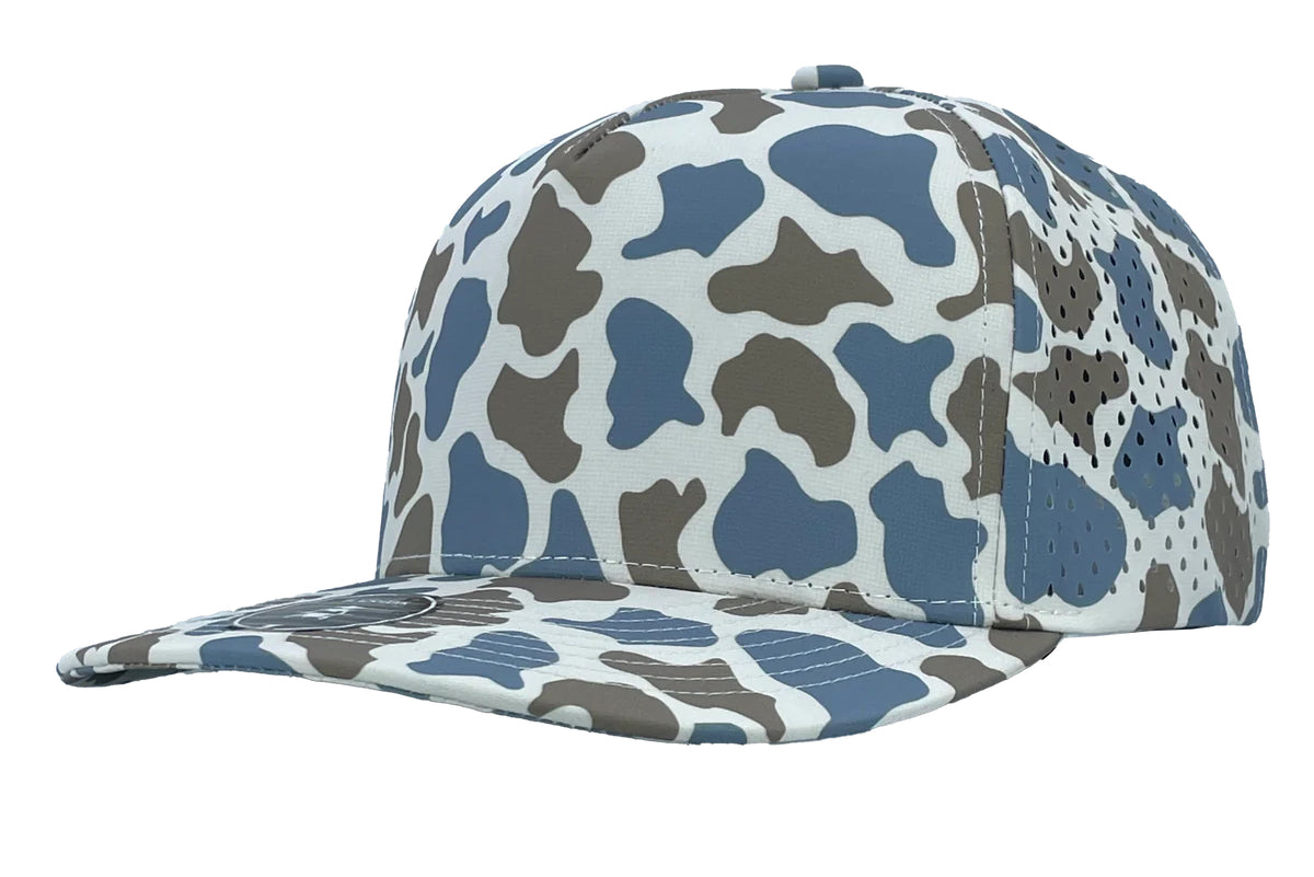 Custom Zapped Headwear Blackhawk 5-Panel Snapback Hat in Blue Old School Camo, ready for personalized logo or design