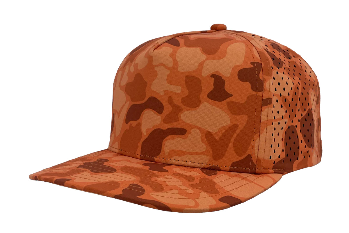 Custom Zapped Headwear Blackhawk 5-Panel Snapback Hat in Blaze Orange Old School Camo, ready for personalized logo or design