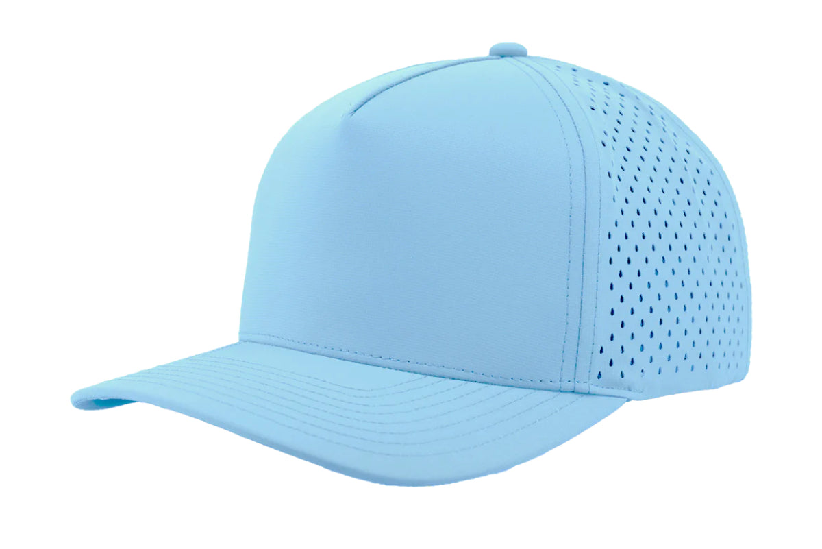 Custom Zapped Headwear Blackhawk 5-Panel Snapback Hat in Colombia Blue, ready for personalized logo or design