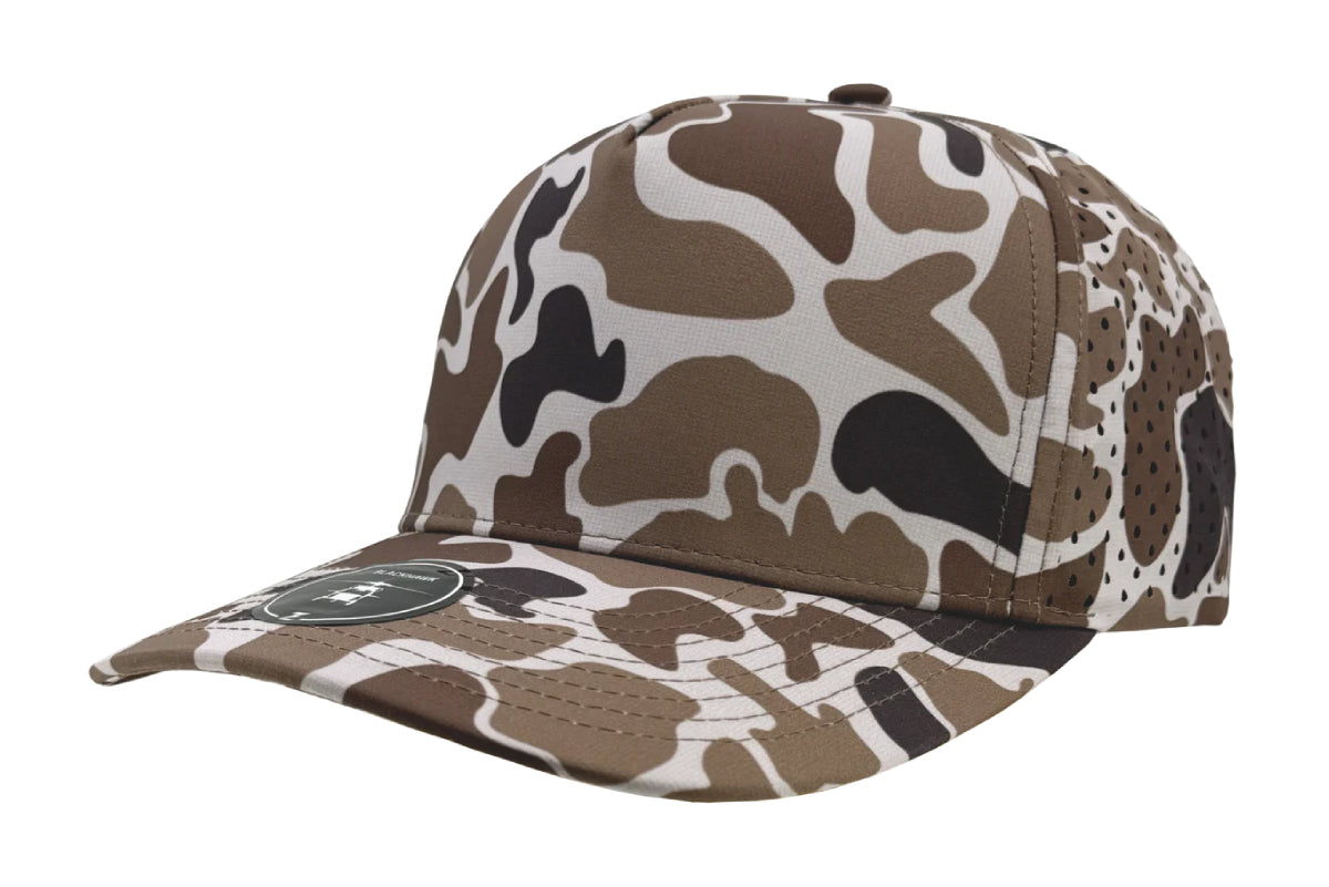 Custom Zapped Headwear Blackhawk 5-Panel Snapback Hat in Light Old School Camo, ready for personalized logo or design