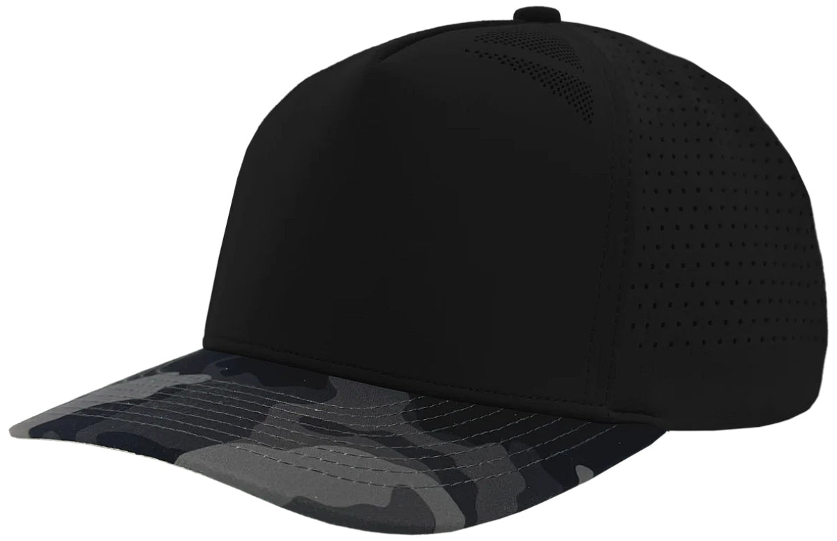 Custom Zapped Headwear Blackhawk Elite Perforated Snapback Hat in Black/Black Camo, ready for personalized logo or design