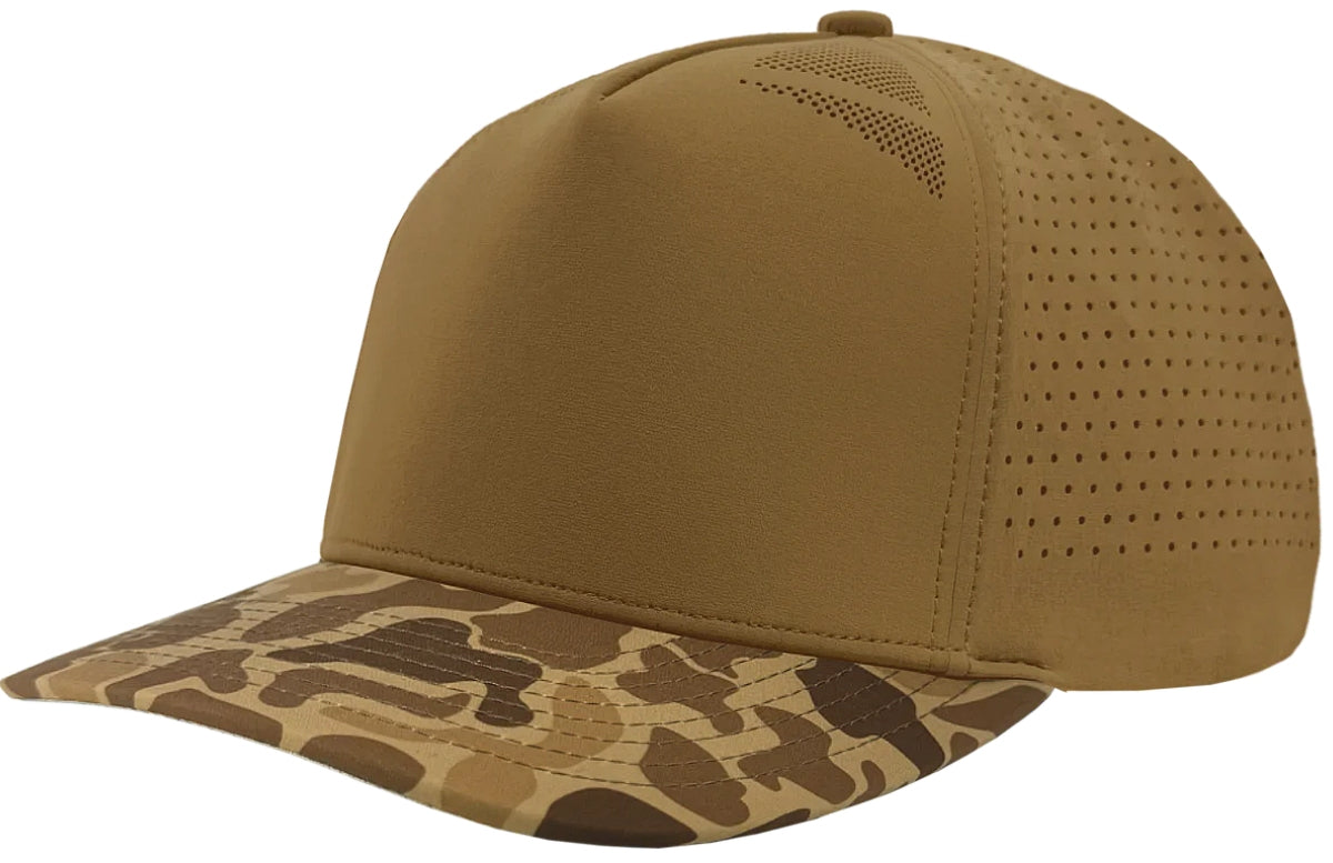Custom Zapped Headwear Blackhawk Elite Perforated Snapback Hat in Brown/Brown Old School Camo, ready for personalized logo or design