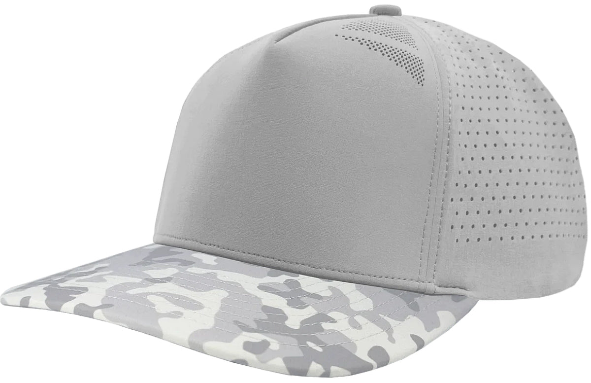 Custom Zapped Headwear Blackhawk Elite Perforated Snapback Hat in Silver/Snow Camo, ready for personalized logo or design
